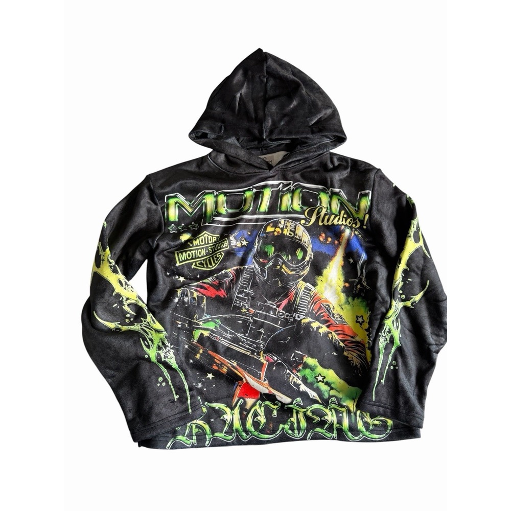 Motion Studios Black Green Pullover Hoodie Racing Graphic Print Hooded Men Small